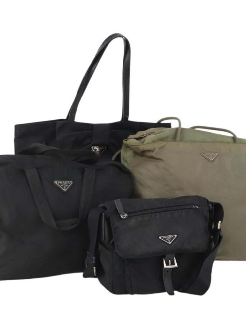 PRADA Shoulder Bag Nylon 4 Set Black Khaki Auth 178841